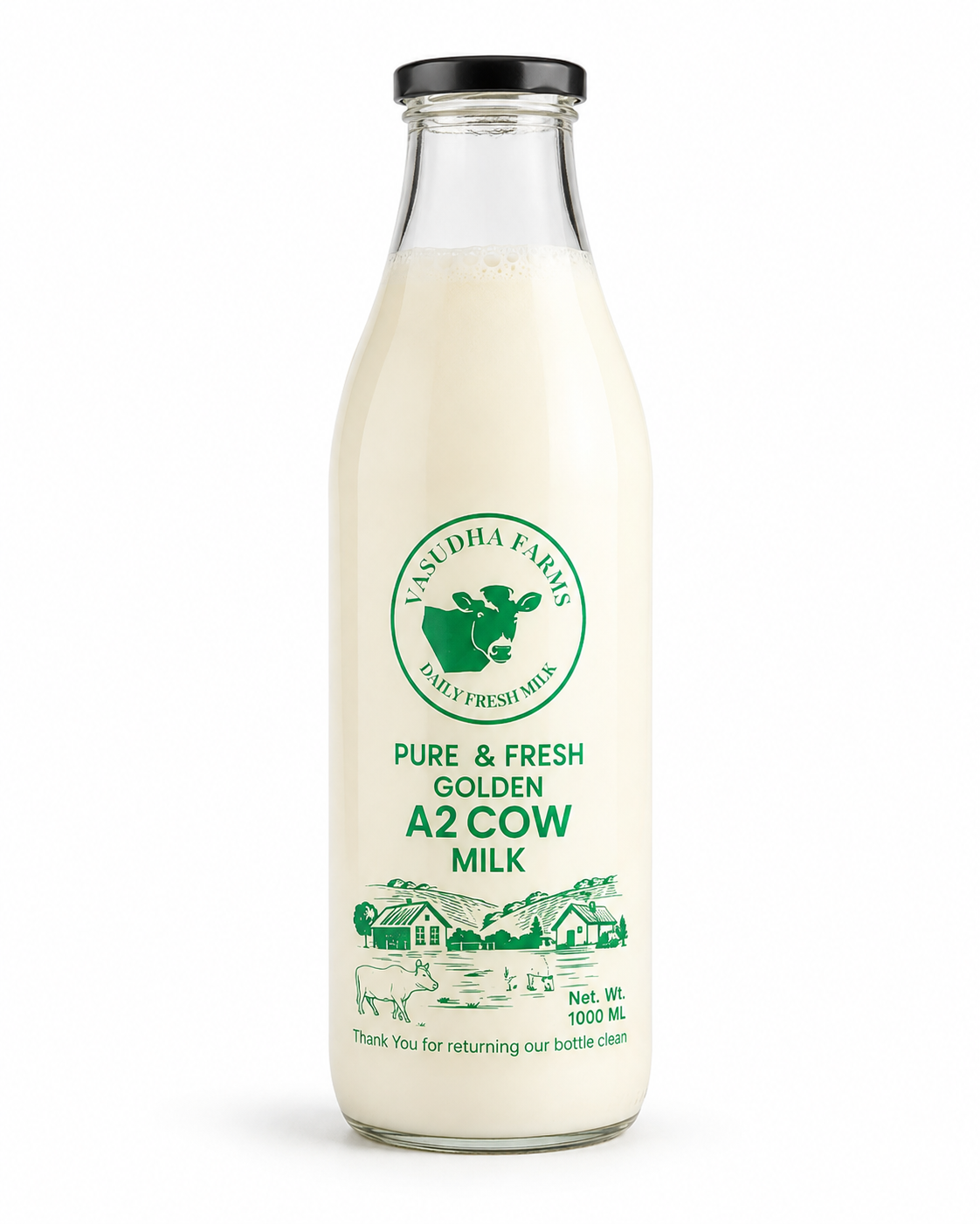 Golden A2 Cow Milk – Pure & Fresh Farm Milk | 1 Litre Glass Bottle